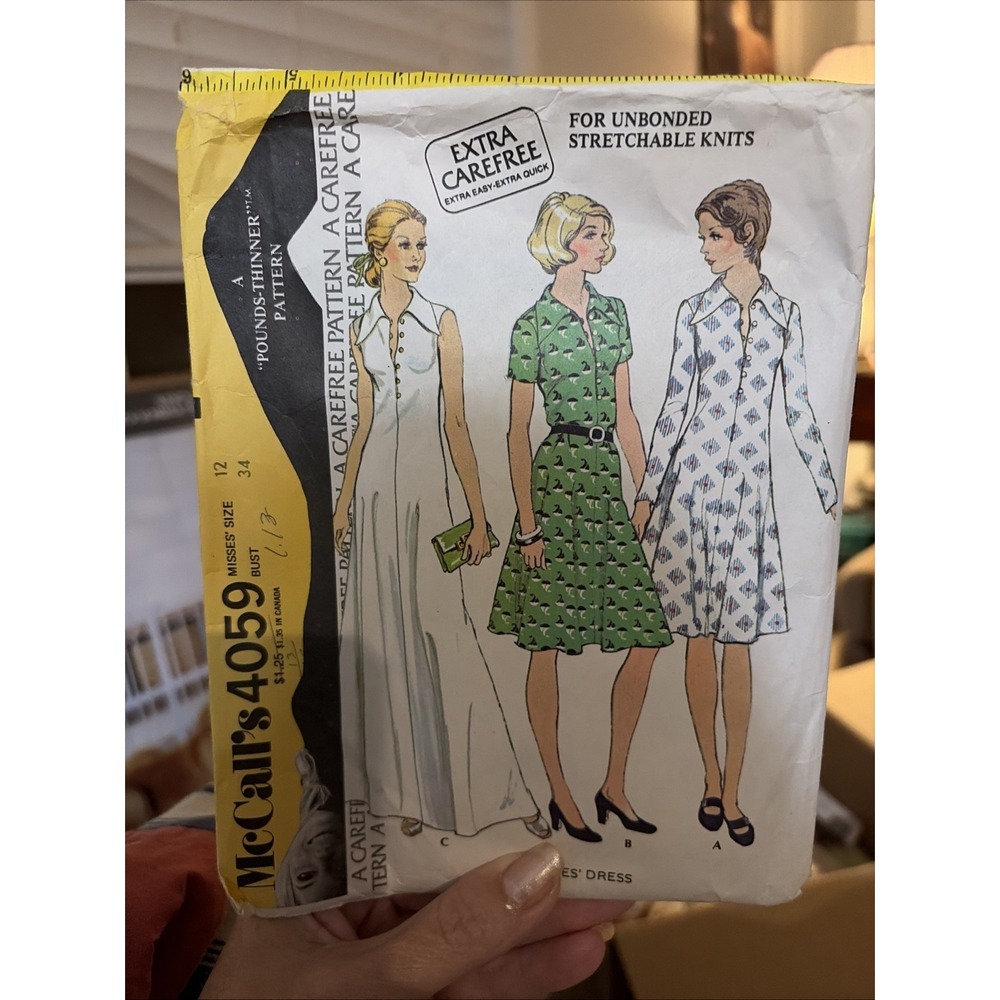Vintage 1974 McCalls 4059 Dress Sewing Pattern Size 12 Bust 34 Retro 70s Knit